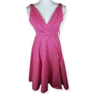 GRACE KARIN PINK & WHITE POLKA-DOT V-NECK SKATER DRESS SZ.XS EUC.